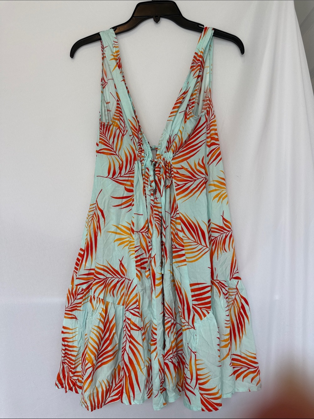 Cupshe Tropical Palm Tie-Front Swim Coverup in Aqua with Red & Yellow Leaves - Picture 4 of 4